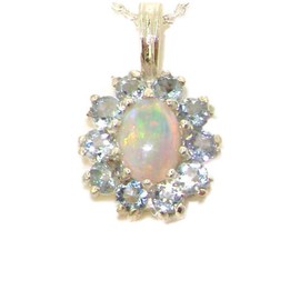 Ladies 925 Sterling Silver Ornate Vibrant Natural Opal & Aquamarine Marquise Pendant Necklace Rainbow Stone Pendant