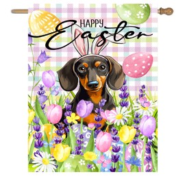 Happy Easter Dachshund Garden Flag 28x40 Double Sided Bunny Ear Dog Flags Buffalo Plaid Rabbit Eggs Yard Flag for Outside Large Floral Spring House Flags