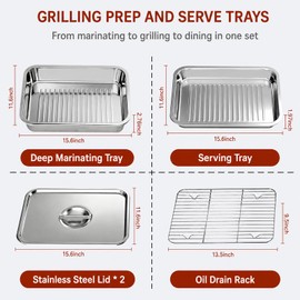 QURAS Grill Prep & Serve Tray Set with Lids, 5-Piece Food Prep System for Marinating, Carrying & Serving, Stainless Steel BBQ Trays for Raw & Cooked Food Separation (Rack Included)