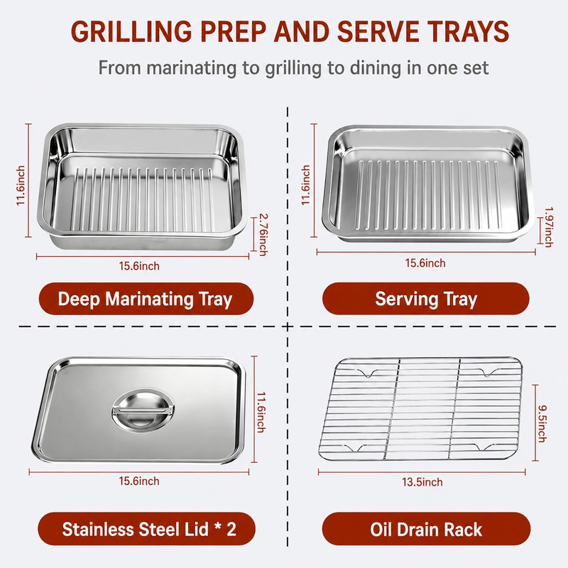QURAS Grill Prep & Serve Tray Set with Lids, 5-Piece