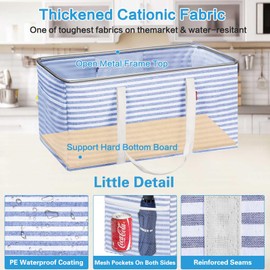 LHZK Standing Extra Large Utility Tote Bag with Metal Wire Frame and the Sides Rinforced, Extra Large Tote Bag with Handle, Reusable Grocery Bags Foldable, Beach Bag, Car Tote (Blue, 26''x15''x13'')