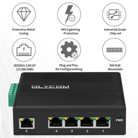 OLYCOM 5-Port Industrial POE Gigabit Ethernet DIN-Rail Switch 4 x Gigabit Ethernet Ports with POE 30 W, 120 W Total IP40 Operating Temperature -40° - 75°C (-40° - 167°F) (POE (48VDC))