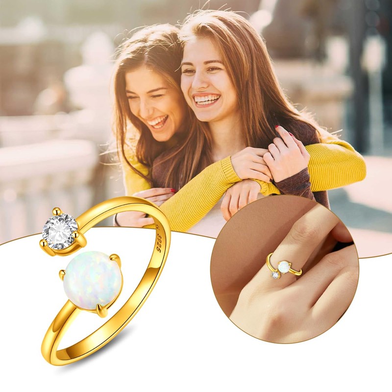 SIMPLGIRL Opal Rings 925 Sterling SIlver Stacking Rings Adjustable Rings