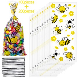 100 Pieces Honey Bee Treat Cello Bags with 200 Pieces Twist Ties for Candies Chocolate Cookies Dessert Snacks