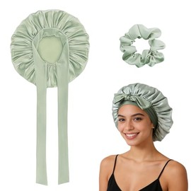 Double Layer Bow Silk Bonnet for Sleeping, Adjustable Curly Hair Satin Bonnet & Silk Hair Tie, Self Care Gifts for Women Men(green)