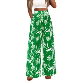 CFLONGE Wide Leg Pants for Women 2025 Casual High Waist Floral Palazzo Pant Flowy Trendy Beach Boho Trousers with Pockets(Green,Small)