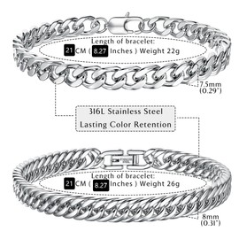 Dochais Men's Bracelet Silver Gold Stainless Steel Bracelets Curb Chain – 2 Pieces Silver Men's Bracelets for Men Cuban Bracelet 8 mm Width 21-23 cm Length Gifts for Dad Son Brother Husband, Stainless