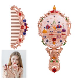 UOIXPUHUO Antique Handheld Mirror and Comb Set, Metal Castle Hand Mirror Makeup Mirror with Hairbrush, Foldable Vintage Hand Held Mirror for Travel, Pink