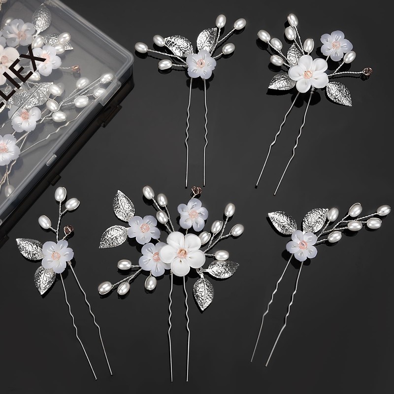 MELLIEX 5 Stück Hochzeit Haarnadeln, Blumen Perlen Braut Haarschmuck Silber