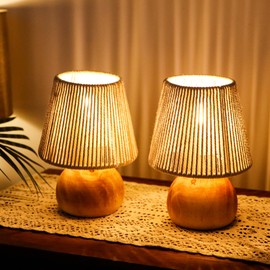 TRIROCKS Set of 2 Woven Cotton Rope Table Lamp - 8'' Tall Cordless Battery Powered Lamps with Wooden Base Boho Lamps Great for Living Room Bedroom Weddings Parties Patio Events