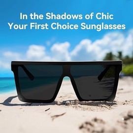 Dollger Retro Square Sunglasses Women Men Large Fashion Flat Top Big Frame Shades, Black+grey