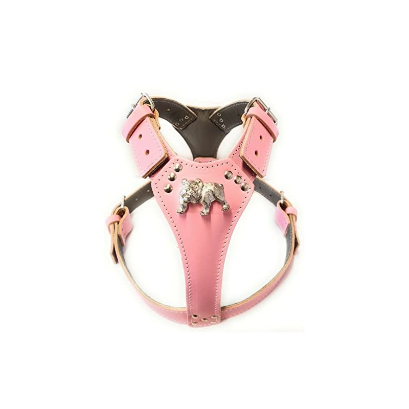 Beautiful Baby Pink Leather Dog Harness with English Bulldog Head