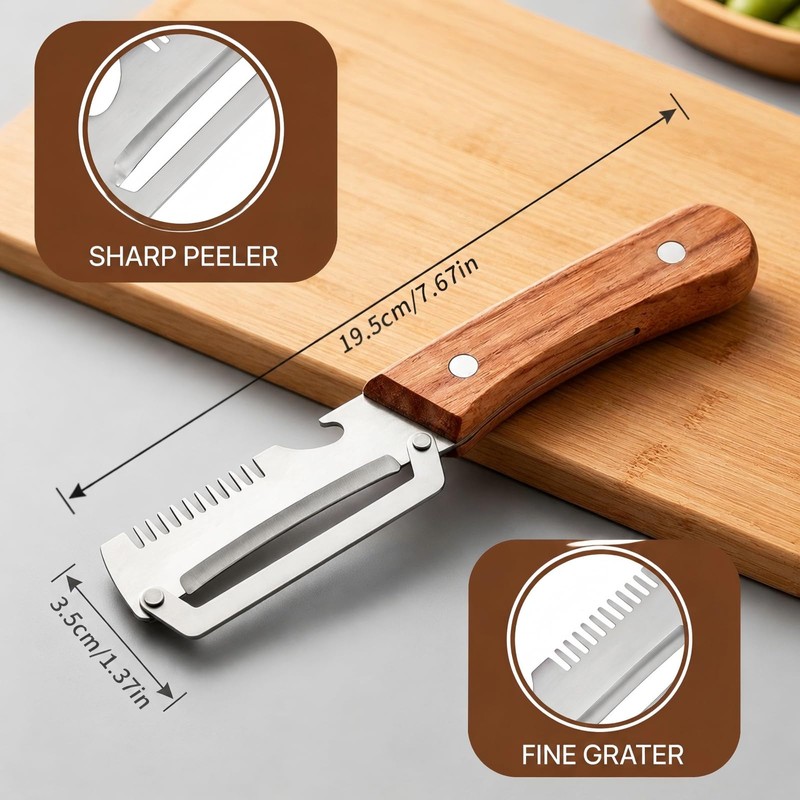 Multi-Functional Vegetable Peeler, 3 in 1 Multi Functional Wooden Handle