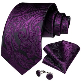 DiBanGu Extra Long Silk Mens Purple Tie Set,Formal Black and Purple Paisley Necktie Pocket Square Cufflinks for Wedding party