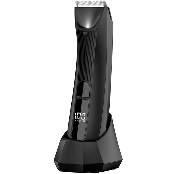 DUO JOYOUS Electric Groin Hair Trimmer, Waterproof Body Hair Trimmer with LED Display & Light, Ball Trimmer for Men with Standing Recharge Dock, Replaceable Ceramic Blade Heads Male Hygiene Razor