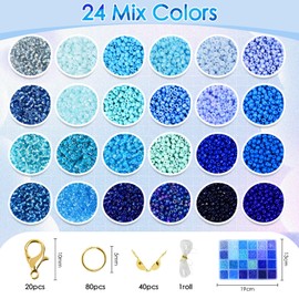 Vtssvow 3mm Glass Seed Beads for Bracelets Making, 24 Colors 10000pcs Friendship Bracelet Making Kit, Small Glass Beads for Jewelry Making (Mix 24 Color, Blue)