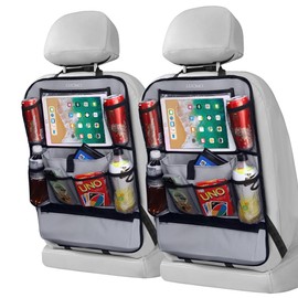 LUCMO Car Backseat Organizer with Touch Screen Tablet Holder-2 Pack,9 Storage Pockets Car Storage Organizer,Car Seat Back Protectors Kick Mats Travel Accessories for Kids-Grey