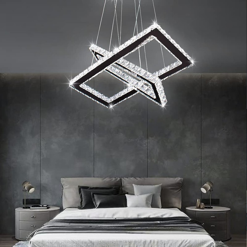 Finktonglan Modern Crystal Chandelier, Rectangular Double Ring LED Pendant Light,