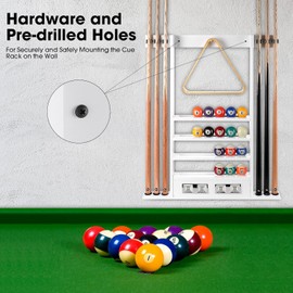 HMQQ 2-IN-1 Pool Cue Rack Wall Mount & Score Counters,Holds 6 Pool Sticks,a Full Set of Balls and Billairds Accessory, 100% Solid Rubber Wood Pool Stick Holder Wall Mount,White