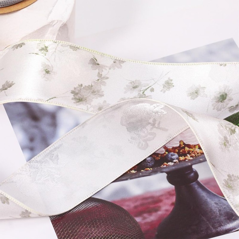 CABODYALS 10 Yards 1.5 Inch Green Flower Print Ribbon Floral