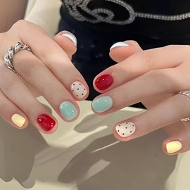 Noerrors Extra Short Press on Nails Real Super Short Square Cute Acrylic False Nails Small Fake Nails Lovely Colorful Rainbow Neon Glue on Nails Full Cover for Girls XS 24pcs Set