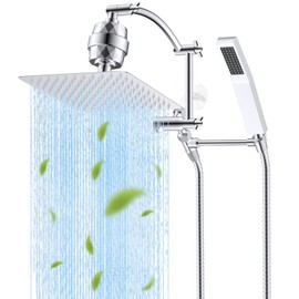 Hibbent All Metal 10'' Filtered Rainfall Shower Head with Handheld Combo, High Pressure Shower Wand, 16'' Adjustable Arc Extension Arm, 20 Stage Shower Filter, 71'' Hose, Shower Head Holder, Chrome