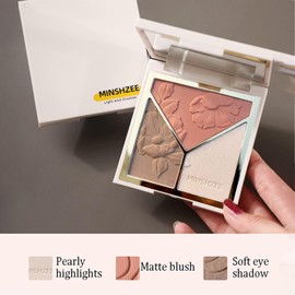 Iluminadores Paleta de rubor Contour Highlight 3 en 1 con pincel, paleta de maquillaje sedoso para contorno de bronce facial Natural Shiny Contour Highlight Duradero Ligero (A)