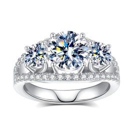 VYVAO Moissanite Rings for Women 2.956CTTW 3 Stone Round Cut D Color VVS1 Moissanite Engagement Ring S925 Sterling Silver with 18K White Gold Plated Promise Ring for Her