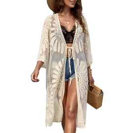 Moss Rose Womens Bathing Suit Cover Up 3/4 Sleeve Mesh Swimsuit Coverup Long Floral Beach Lace Kimono Cardigan Beige