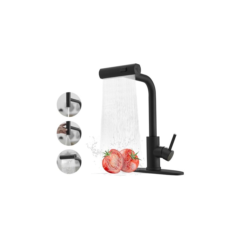 Black Kitchen Faucets with Pull Down Sprayer,Waterfall Kitchen Sink Faucet,Commercial