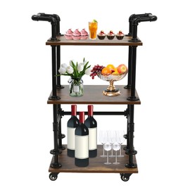 ATOLOMOTOR 3 Tier Industrial Bar Cart Mobile Serving Cart,Liquor Wine Storage Rack Vintage Style Wood Metal Rolling Trolley Cart with Handles for Home, Kitchen, Living Room, Dining Room
