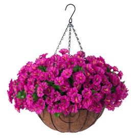 Ammyoo Artificial Hanging Plants Flowers with Basket for Spring Summer Outdoor Outside Decoration, Artificial Petunias Morning Glories Fake Plants for Patio Garden Porch Deck Yard(Fuchsia)