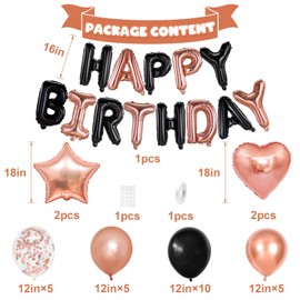 Rose Gold Black Birthday Decorations for Women Girls,Black Rose Gold Balloons Happy Birthday Balloons Banner Confetti Latex Balloons for Birthday Party Decorations