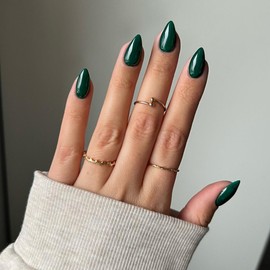 KQueenest Forest Green Press on Nails Short Almond, 30 Pcs Thick Short Fake Nails Acrylic, Solid Color False Nails Press on, Natural Fit Short Almond Nails Glue on, Reusable Stick on Nails For Women