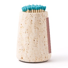WORHE Travertine Match Holder with Striker & Extra Striker Pad - 2.9" x 3.9" Large Decorative Matchstick Organizer for Fireplace, Candles, Parlor Match Jar for Home Decor Gift, Matches Not Included