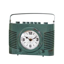 Vintage Radio Mantel Clock 22x20x8cm Green Distrssed Metal Retro Table Desk Novelty Decor