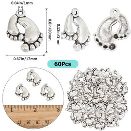 SUNNYCLUE 1 BOX 60PCS Silver Foot Charms Bulk Feet Charm 20x17mm Alloy Tibetan Vintage Cute First Step Footprint Charms for Jewellery Making Charms Diy Earrings Bracelet Necklace Podiatry Graduation
