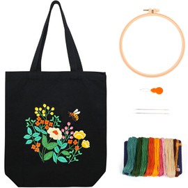 Canvas Tote Bag Embroidery Kit, Beginner Embroidery Kit for Adults, Hand Embroidery Starter kit with Floral Pattern, Arts and DIY Crafts Embroidery Kit , Cross Stitch Kit with Embroidery Bag and Tools