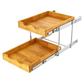 DINDON 2 Tier Pull Out Cabinet Organizer (14" W x 21" D) Double Tier Slide Out Wood Drawer Under Cabinet Storage And Organization