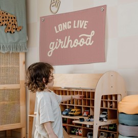 CEBTHN Long Live Girlhood Banner – Linen Canvas Wall Hanging Flag, Girls Room & Nursery Decor, Playroom Wall Art, Baby & Toddler Room Decoration, 20x30 Inch - Pink