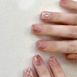 24 Pcs Pink Butterfly Press on Nails Coffin Long Designs, Diamond Bling French Fake Nails with Nail Gel Glue, Cute Ballerina Stick on Nails for Women, Medium False Nails for Nails Art Gifts