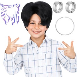 PUREHAIR Short Black Synthetic Hair Costume Wig with Ear Clips, Necklace and 2 PCS Tattoos– Natural Looking Cosplay Wigs for Halloween Party, Cosplay Events (Black)