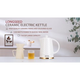 LONGSEED Ceramic Electric Kettle, 1.5L/1200W Boil Water Quickly and Easily with Boil-Dry Protection Auto Shut Off, Detachable Swivel Base, White Relief Carving