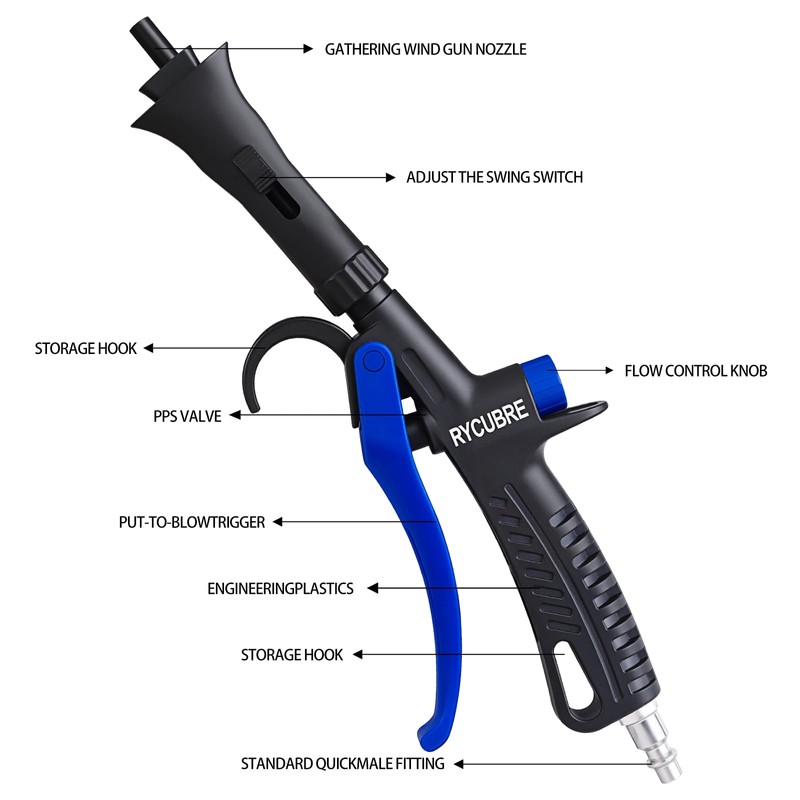 Rycubre High pressure fan-shaped air blow gun, adjustable swing hose,