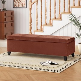 Christopher Knight Home Velvet Storage Ottoman, Rectangular Ottoman Bench, Living Room Ottoman,Upholstered Storage Bench, Foot Rest Bench for Living Room, Entryway and Bedroom, Ochre Brown