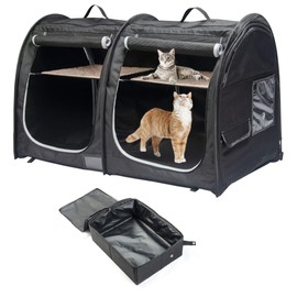 Mispace Portable Twin Compartment Show House Cat Cage Condo,Comfy Puppy Home Dog Travel Crate with Carry Bag/2 Hammocks/Mats & Collapsible Litter Box