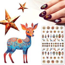 Nail Stickers Decals (5 Sheets) FLONZNAIL Amazing Illustrations of Deer, Snowflakes and Festive Decorations Vintage Styled Nail Decor
