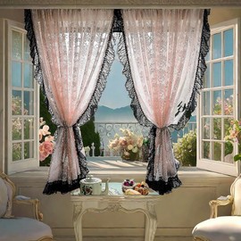 Princess Style Blush Pink Floral Lace Sheer Curtain Vintage Ruffled Black Lace Trim Short Curtain for Daughters Bedroom/Nursery Decor Retro Weave Knitted Kitchen Valance Rod Pocket 2 Panel 79Wx71L