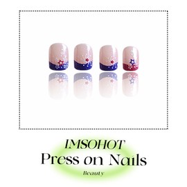 IMSOHOT Independence Day Press on Nails Short Square Fake Nails Blue Red French Tips False Nails with Glitter Star Designs Glossy Glue on Nails Squoval Acrylic Full Cover Stick on Nails 24Pcs