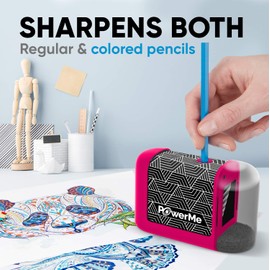 POWERME - Sacapuntas eléctrico - Sacapuntas alimentado por batería para niños, escuela, hogar, oficina, aula, artistas, funciona con pilas para lápices de colores, ideal para No. 2 (rosa)